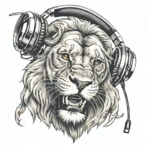 split face lion chewing skull wearing headphones tattoo design idea