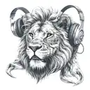 split face lion chewing skull wearing headphones tattoo design idea