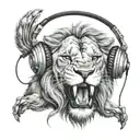 split face lion chewing skull wearing headphones tattoo design idea
