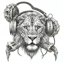 split face lion chewing skull wearing headphones tattoo design idea