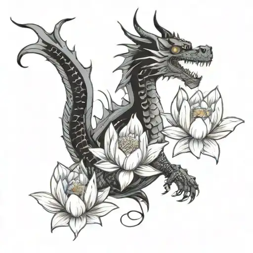 western dragon and lotus flower flower tattoo design idea