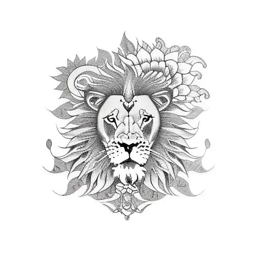Lion with dragon and flowers and koi carp tattoo design idea