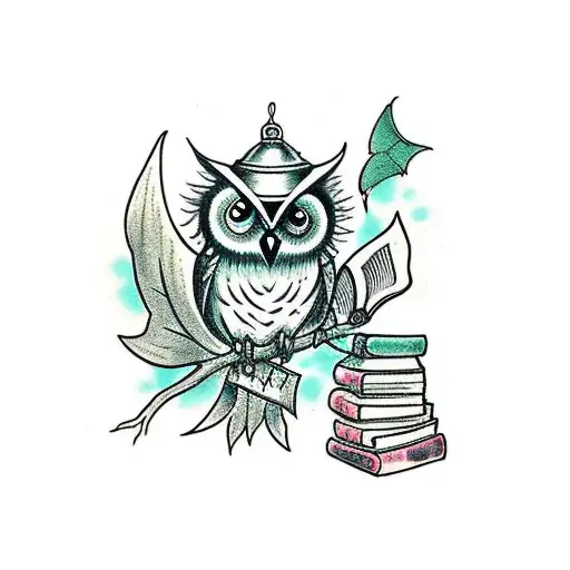 gothic fantasy owl on branch with a lantern and books tattoo design idea