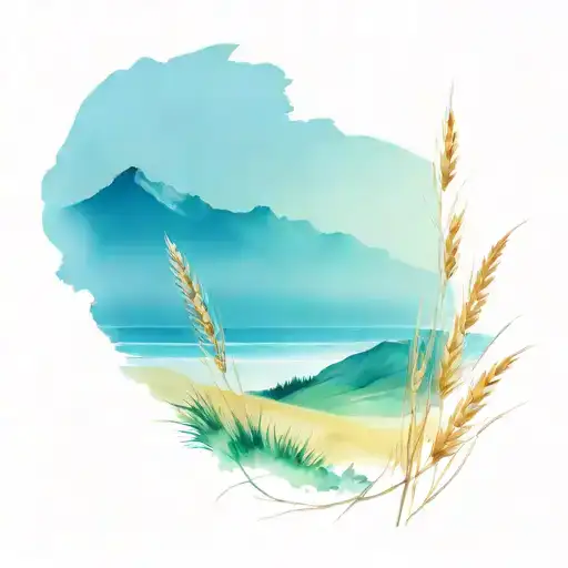 sea mountains and wheat field tattoo design idea