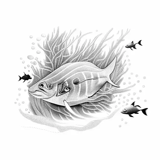 An underwater scene with exotic African marine life and a subtle tribute to your baby Kabir tattoo design idea