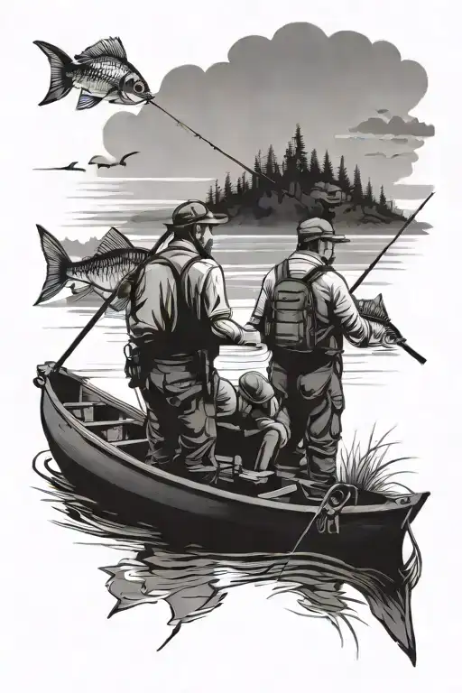 father son fishing scene tattoo design idea