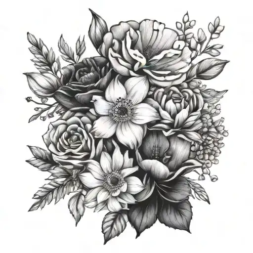 June July January February birth flowers bouquet tattoo design idea