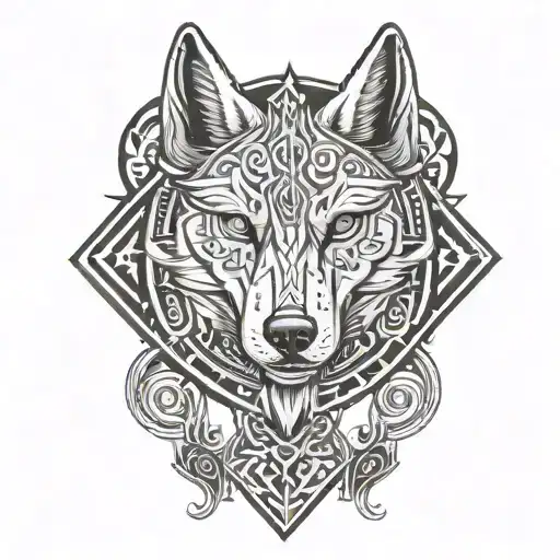 A black and grey tattoo of the Srivatsa symbol intertwined with Sanskrit script, representing the client's passion for both wolves and diamond dealing tattoo design idea