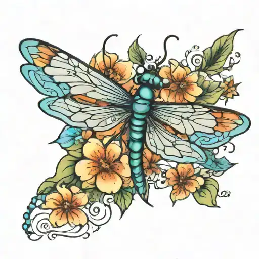 Dragonfly flowers tattoo design idea