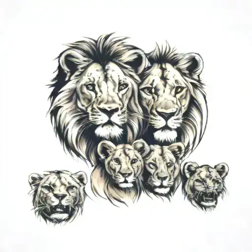 lion family, lioness, cubs face only tattoo design idea