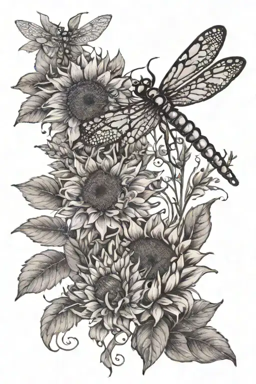 full color,sunflowers, lavender, dragonfly tattoo design idea