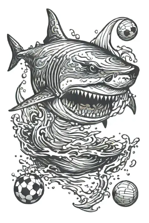Shark jumping out of the water with a water polo ball in its mouth tattoo design idea