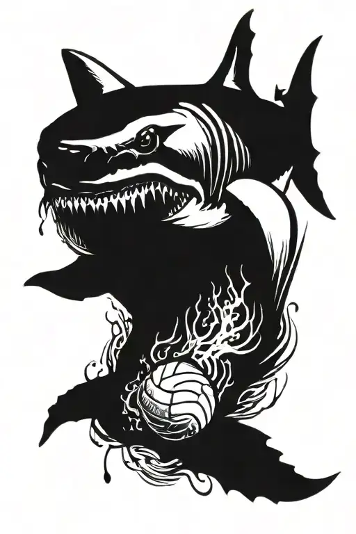 Great white shark with a bloody mouth and a volly ball in its mouth tattoo design idea