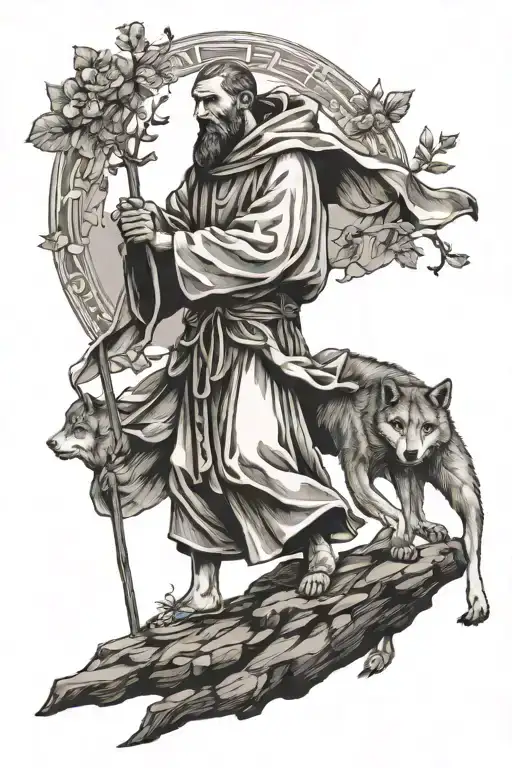 st. francis of assisi with a wolf by his legs tattoo design idea