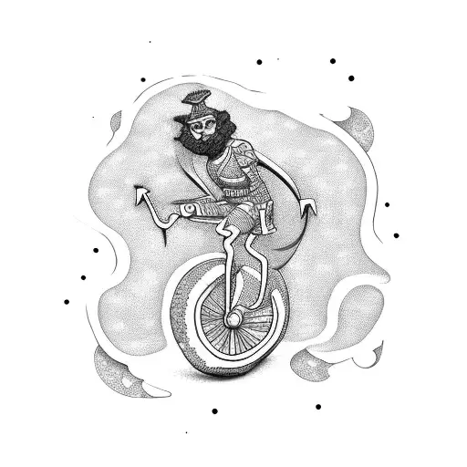 A dotwork tattoo of a stylized abaporu figure riding a bike, representing the client's favorite artwork and hobby tattoo design idea