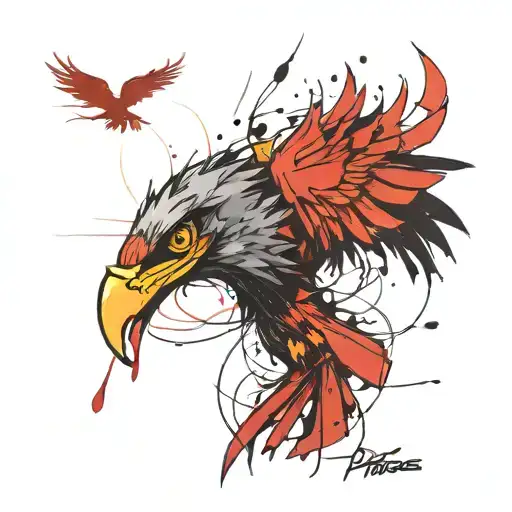 Sketch of a bicep tattoo in trash polka style with the image of a phoenix with the head of an eagle, against the backgro tattoo design idea