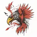 Sketch of a bicep tattoo in trash polka style with the image of a phoenix with the head of an eagle, against the backgro tattoo design idea