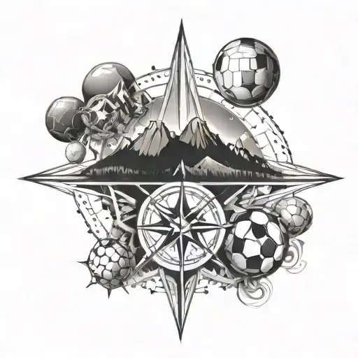 A compass rose with soccer balls as the cardinal directions and mountains in the center tattoo design idea