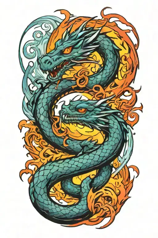 A new-school style tattoo of a fiery dragon and a water dragon entwined in a yin yang symbol, representing the client's interest in Western dragons and the balance between fire and water elements. tattoo design idea