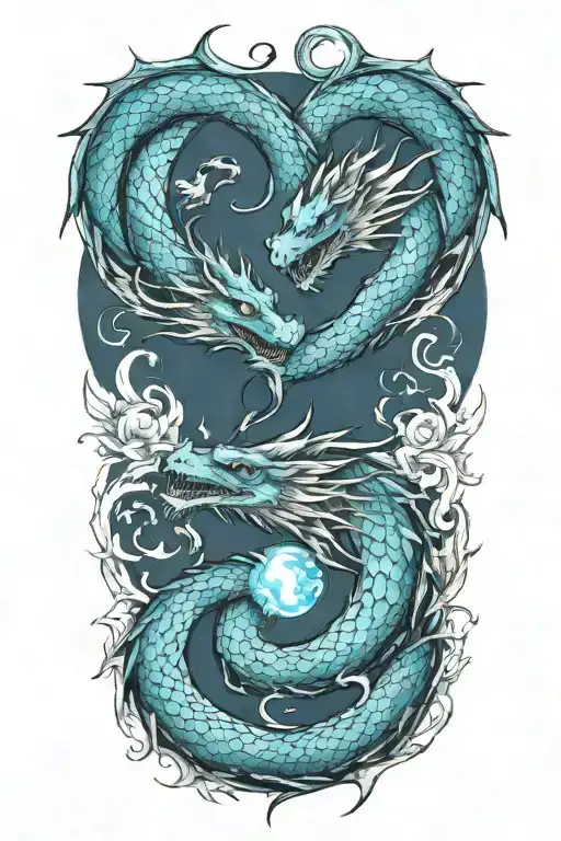 A new-school style tattoo of a fiery dragon and a water dragon entwined in a yin yang symbol, representing the client's interest in Western dragons and the balance between fire and water elements. tattoo design idea