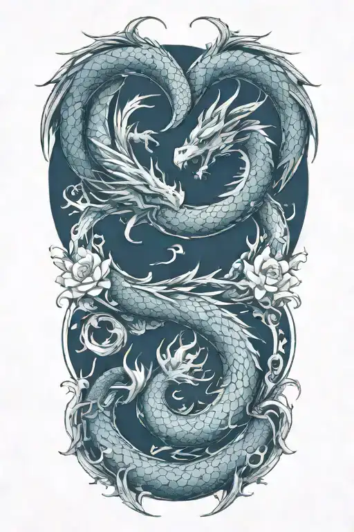 A new-school style tattoo of a fiery dragon and a water dragon entwined in a yin yang symbol, representing the client's interest in Western dragons and the balance between fire and water elements. tattoo design idea