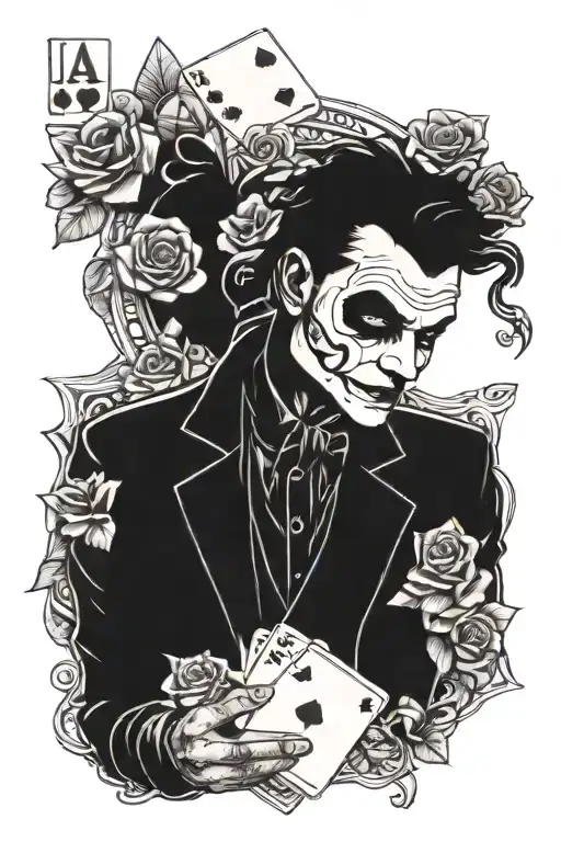 man in jacket, roses, poker, joker card tattoo design idea