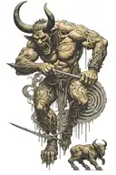 minotaur slicing people in the labyrinth tattoo design idea