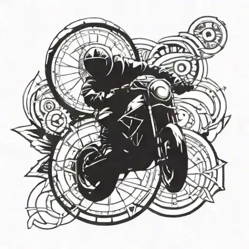 A dynamic tattoo design combining a moto course and crossfit elements, with a subtle incorporation of a compass eye motif tattoo design idea