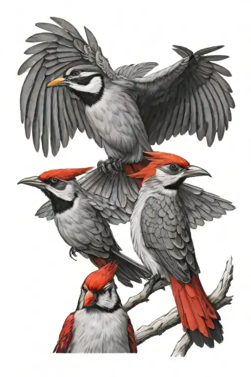 Cardinal and Pileated woodpecker hovering while facing each other with room in the middle tattoo design idea