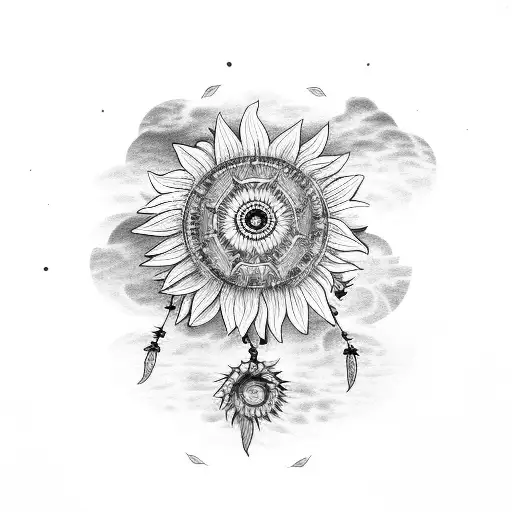 rose sunflower owl dreamcatcher clouds tattoo design idea