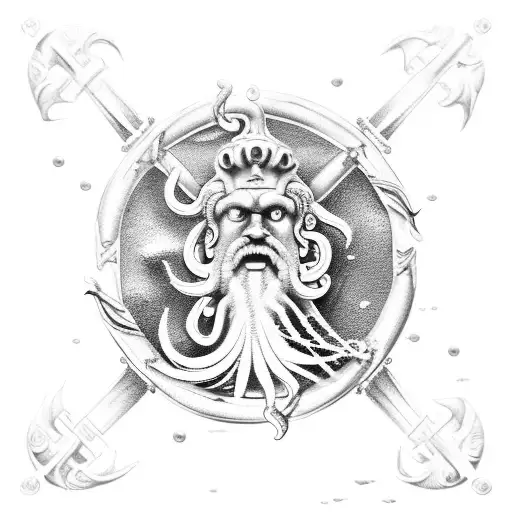 Poseidon in a storm and the kraken attacking the USS constitution tattoo design idea