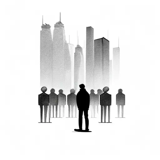 lonely man stands against the faceless crowd near the skyscrapers tattoo design idea