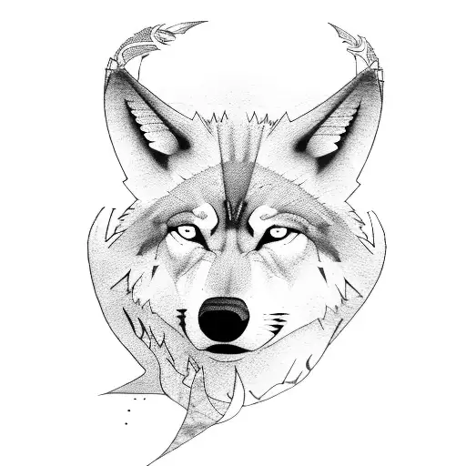 A cowboy riding a wolf through a wild west landscape in a video game-inspired style tattoo design idea