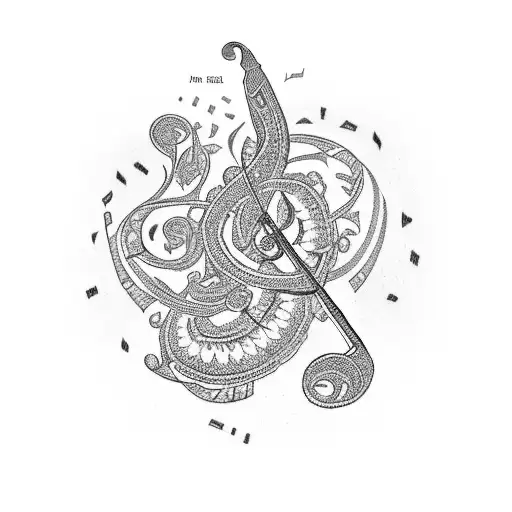 A music note intertwined with a Persian paisley pattern tattoo design idea