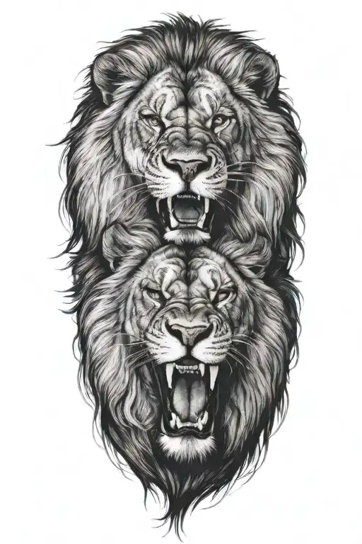 two lions upper body roaring tattoo design idea