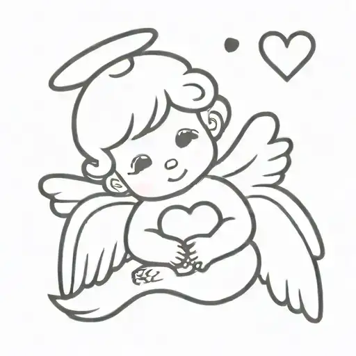 baby angel holding heart shape with clouds floating greek style tattoo design idea