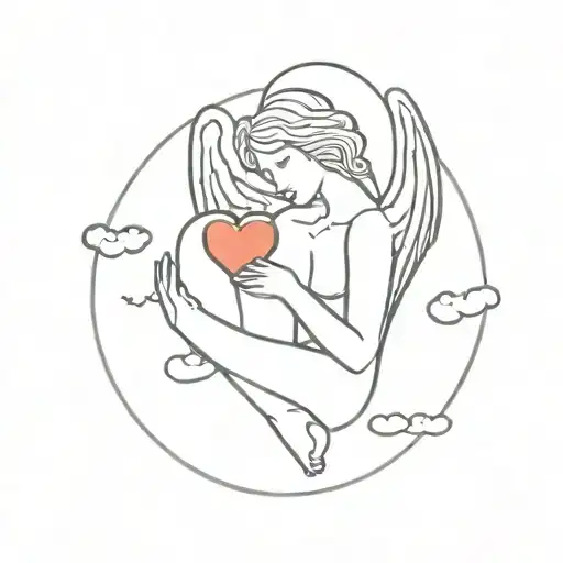 angel holding heart shape with clouds floating tattoo design idea