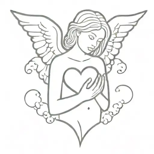 angel holding heart shape with clouds floating tattoo design idea