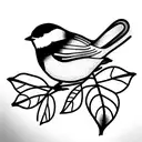 chickadee on a nutmeg plant with paw print incorporated tattoo design idea