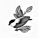 chickadee on a nutmeg plant with paw print incorporated tattoo design idea
