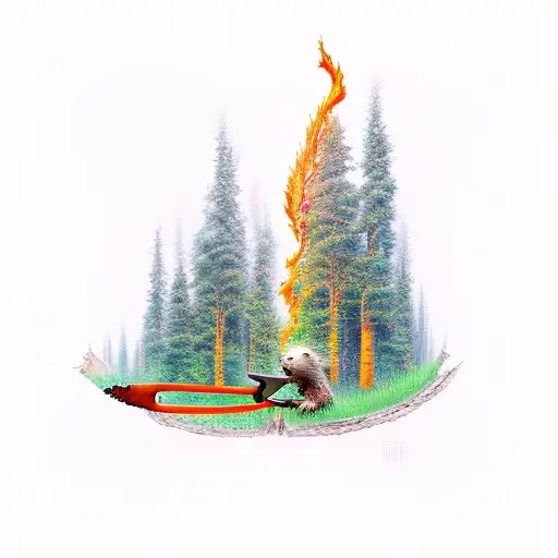 a forest on fire, marmot holding an axe or chainsaw, wild fire tattoo design idea