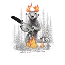 a forest on fire, marmot holding an axe or chainsaw, wild fire tattoo design idea