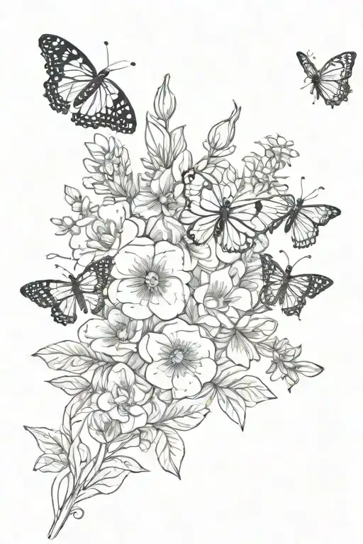 flowers with butterflys and  bees flying  tattoo design idea
