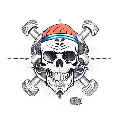 pirate ship with a jolly roger with skulls and crossed geological hammers, with crystal druses protruding from the ship' tattoo design idea