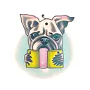 A silhouette of a dog reading a book while sipping coffee tattoo design idea