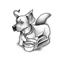 A silhouette of a dog reading a book while sipping coffee tattoo design idea