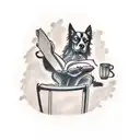 A silhouette of a dog reading a book while sipping coffee tattoo design idea