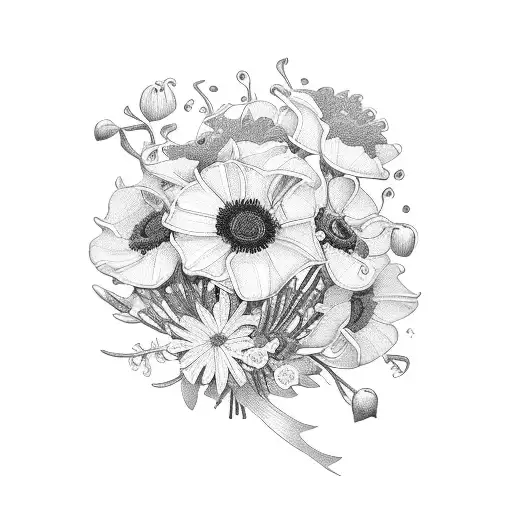 a bouquet of flowers with lily of the valley, honeysuckle, poppies and asters, wrapped in a ribbon tattoo design idea