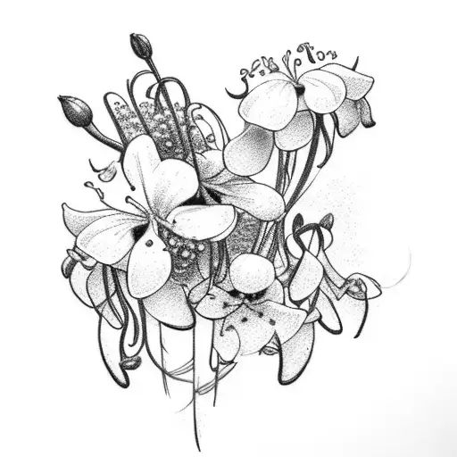 a bouquet of flowers with lily of the valley, honeysuckle, poppies and asters, wrapped in a ribbon tattoo design idea