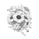 a bouquet of flowers with lily of the valley, honeysuckle, poppies and asters, wrapped in a ribbon tattoo design idea